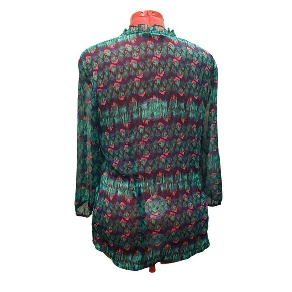 Attention Sheer Ruffled Button-Down Blouse, Pink Green Multicolor, Women's L - Picture 4 of 6